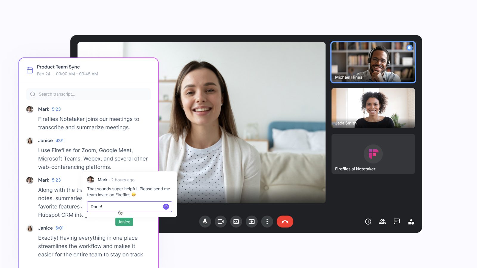 A video call with the Fireflies notetaker in the participant list, and a searchable transcript beside it
