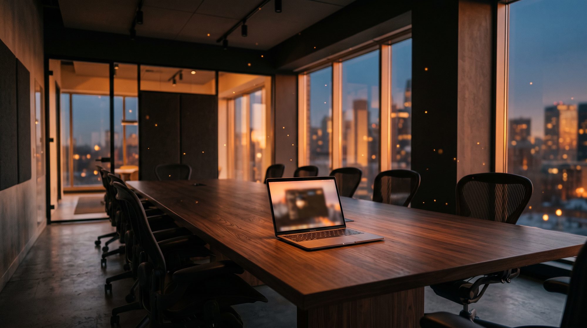 A quiet meeting room at dusk with a laptop on the table