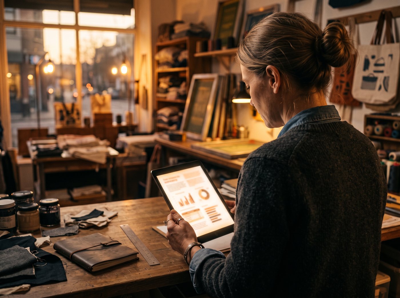 A business owner reviewing a meeting summary on a tablet in her workshop